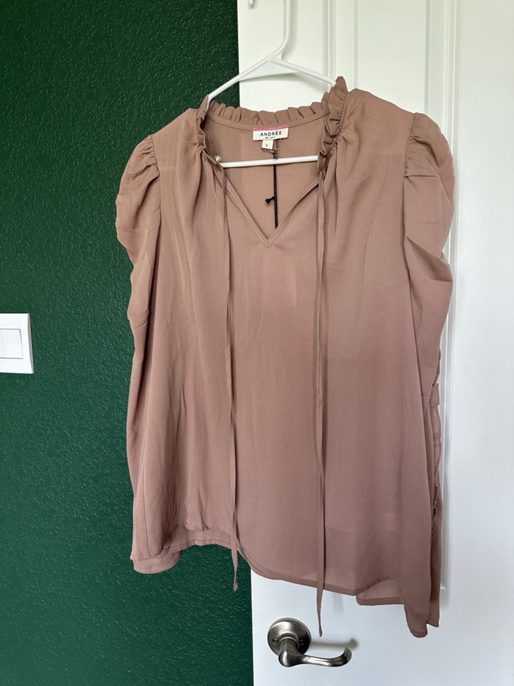 Andree Mauve-Brown Ruffle Tie Neck Blouse